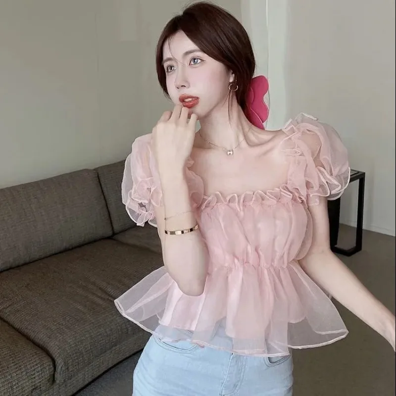 Blouse Women Puff Sleeve Ruched Ruffles Mesh Fairycore Off Shoulder Crop Tops French Style Sweet Elegant Summer Casual Stylish