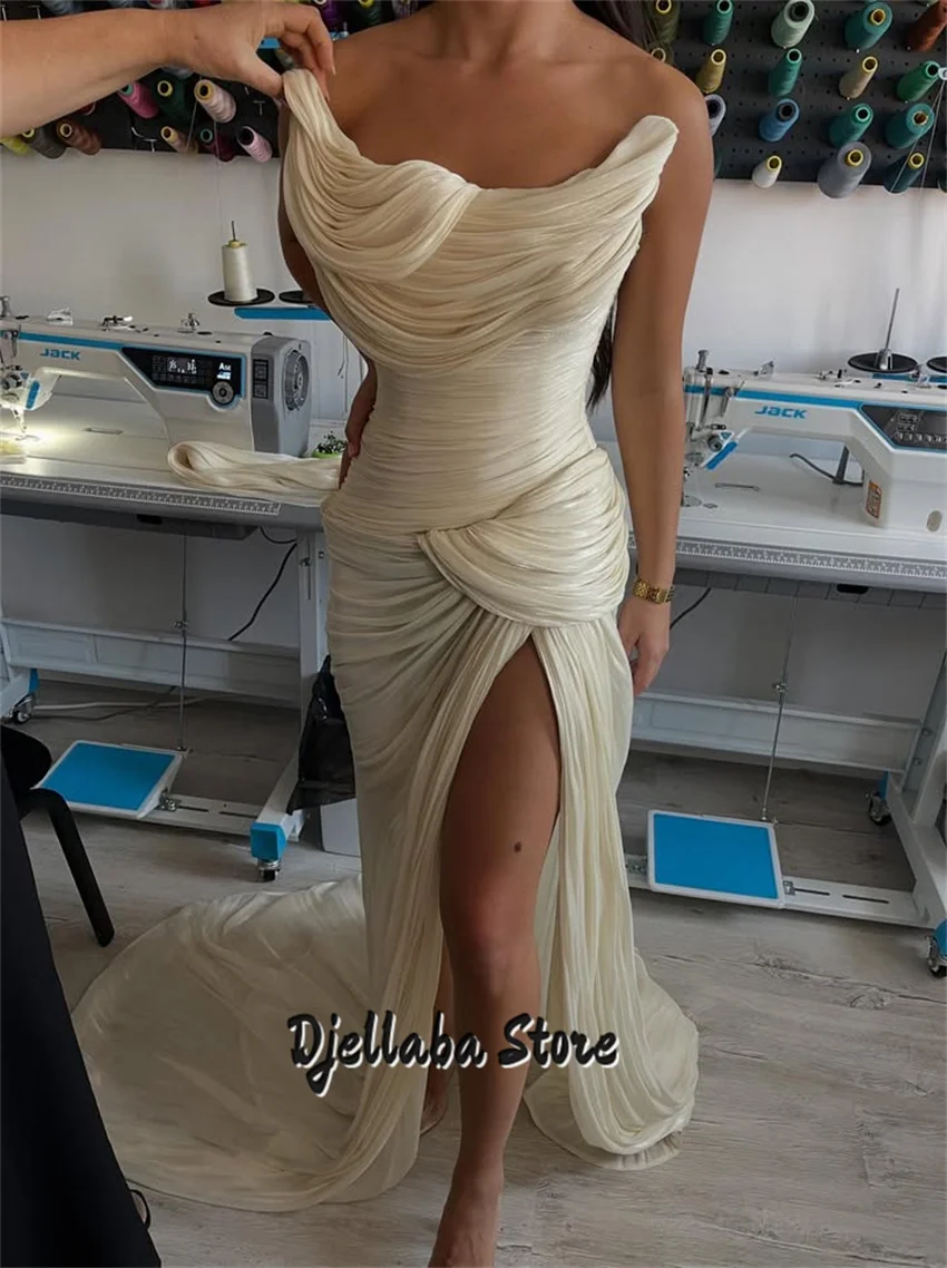 

2026 Новый дизайн, простое тюлевое плиссированное вечернее платье без бретелек, русалка с высоким разрезом, элегантное арабское вечернее платье для выпускного вечера, Vestido