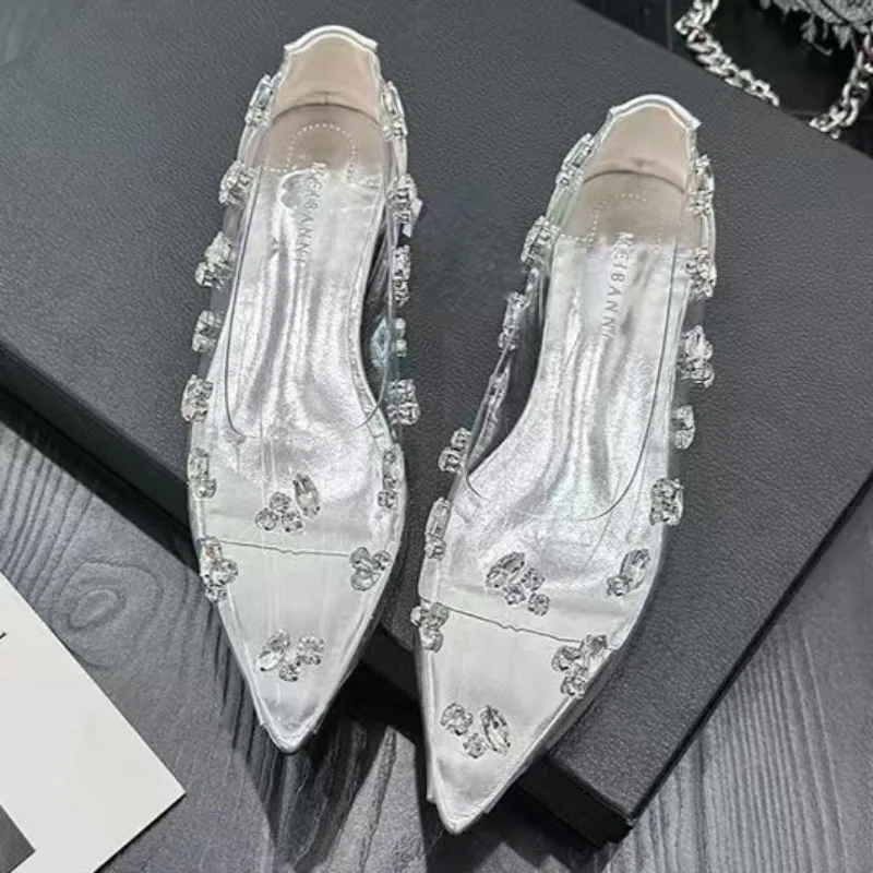 2026 Transparent PVC Rhinestone Flat Shoes Sexy Pointed Red Sole French Single Shoes Women's Crystal Shoes