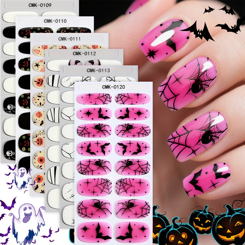16Tips Halloween Gel Nail Strips Adhesive Baking-Free Full Luminous Skull Pumpkin Bat Nail Stickers DIY Manicure Decoration