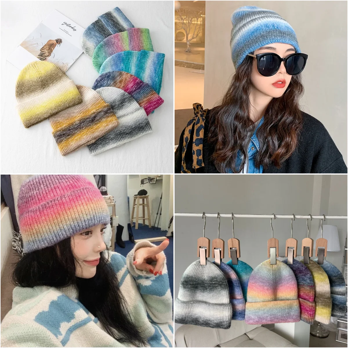 Hot Selling Autumn Winter Knitted Hat Ladies Leisure Style Gradient Color Thickened Windproof Beanie Warm Head Cap Gorras 2022