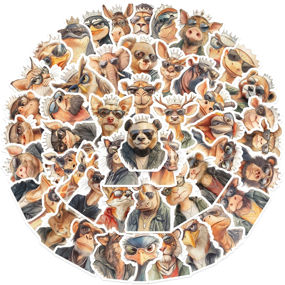 50pcs Cool King Animal Vector Art Stickers Cartoon Animals Decal DIY Scrapbook Journal Guitar Suitcase Bottle Decorative Sticker