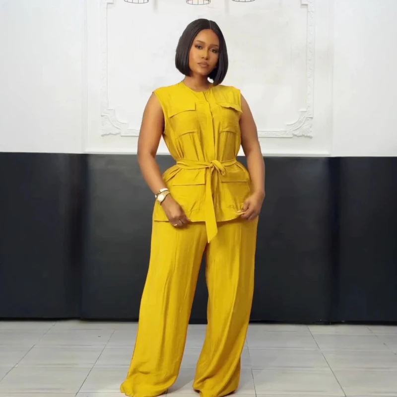African Fashion Summer Women Two Piece Sets Sleeveless Shirt Top And Wide Leg Pants Set Belt Street Outfits Tracksuit