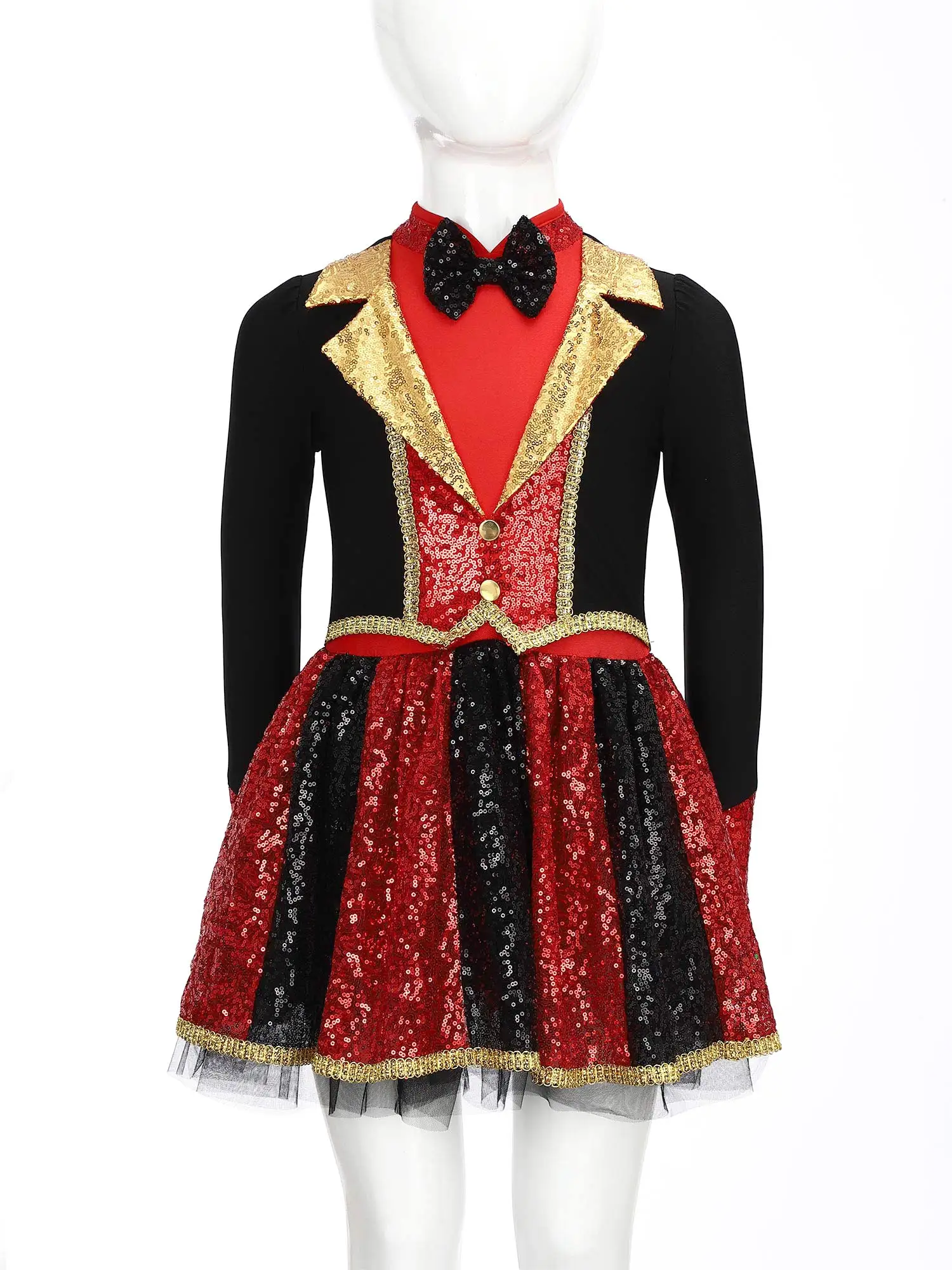 

Halloween Magical Ringmaster Outfit Kids Girls Shiny Sequin Applique Long Sleeve Bow Tie Crotch Snap Buttons Circus Party Dress
