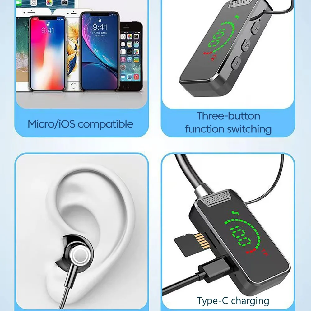 سماعات أذن بشريط حول الرقبة سماعات رأس لاسلكية Bluetooth5.3 يدوي TWS HIFI سماعة داخل الأذن سماعات بلوتوث مع ميكروفون يدعم بطاقة SD