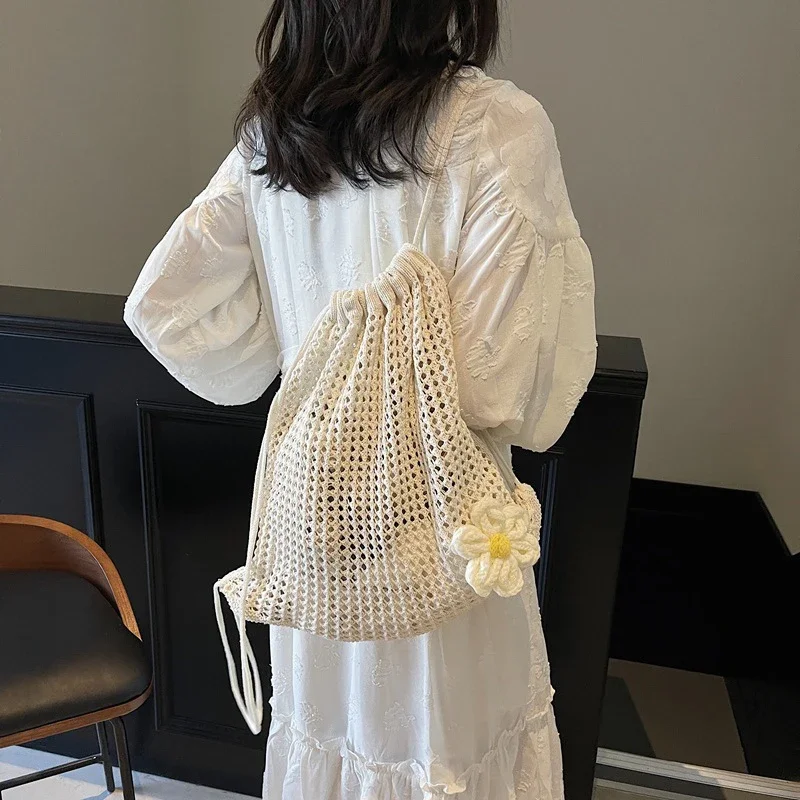 

Solid Color Knitting Shoulder Bag Large Capacity Bohemian Crochet Backpack Hollow Out Versatile Beach Travel Tote Bag for Women