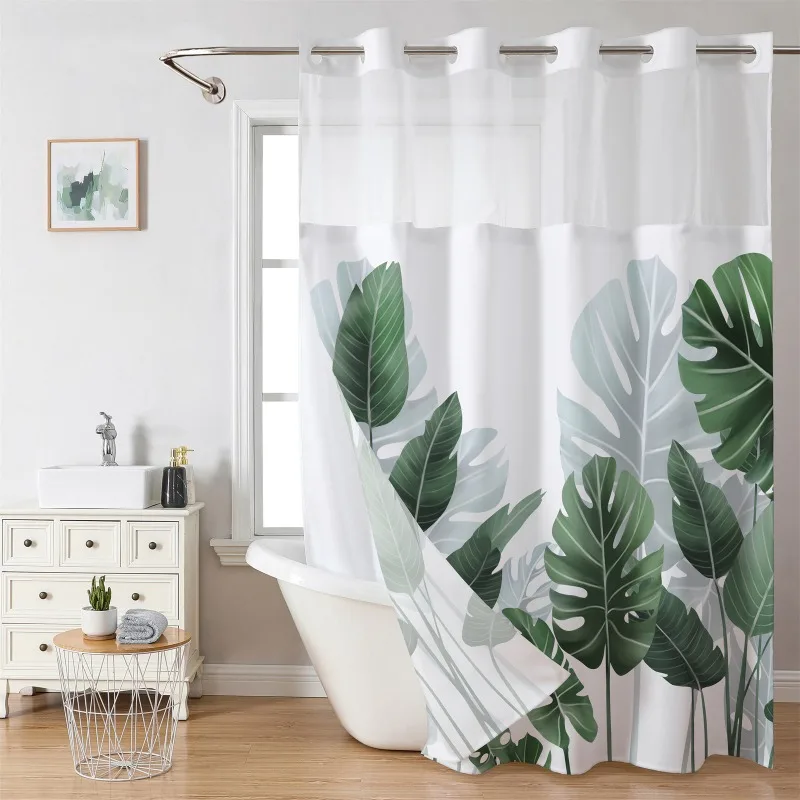 

Double Layer Grommet Shower Curtain With Leaf Digital Print Waterproof Mold Resistant Bath Shower Liner For Bathroom