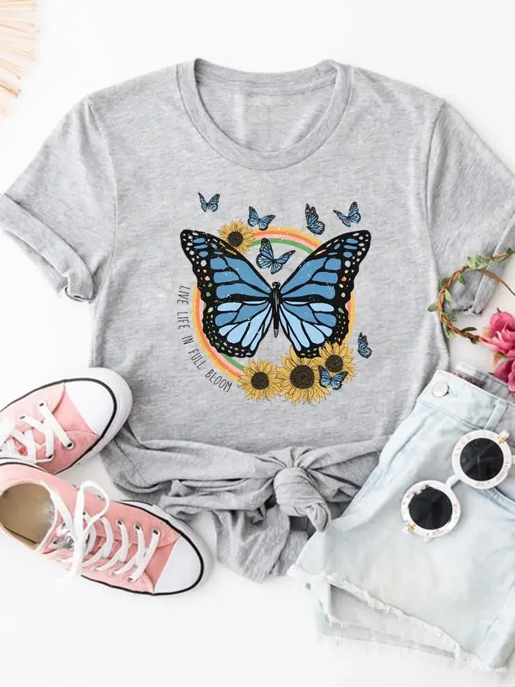 T-shirt imprimé papillon et fleur pour femme, joli haut à la mode, vêtement estival avec image de dessin animé