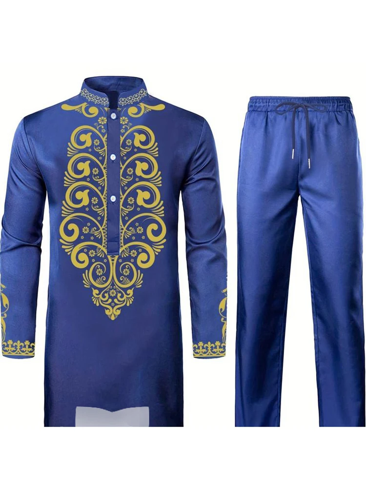 New Men\'s Muslim Robe Yellow Navy Blue Long Sleeve Pants Arab Men\'s Traditional Dress Traditional 3D Printed Black And White