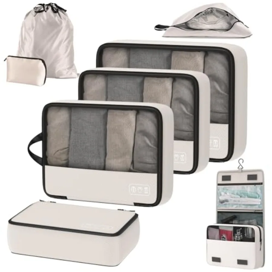 

8-Piece Compression Packing Cubes for Travel Ultralight Minimalist Luggage Organizer Set Space Saving Design with Toiletries an
