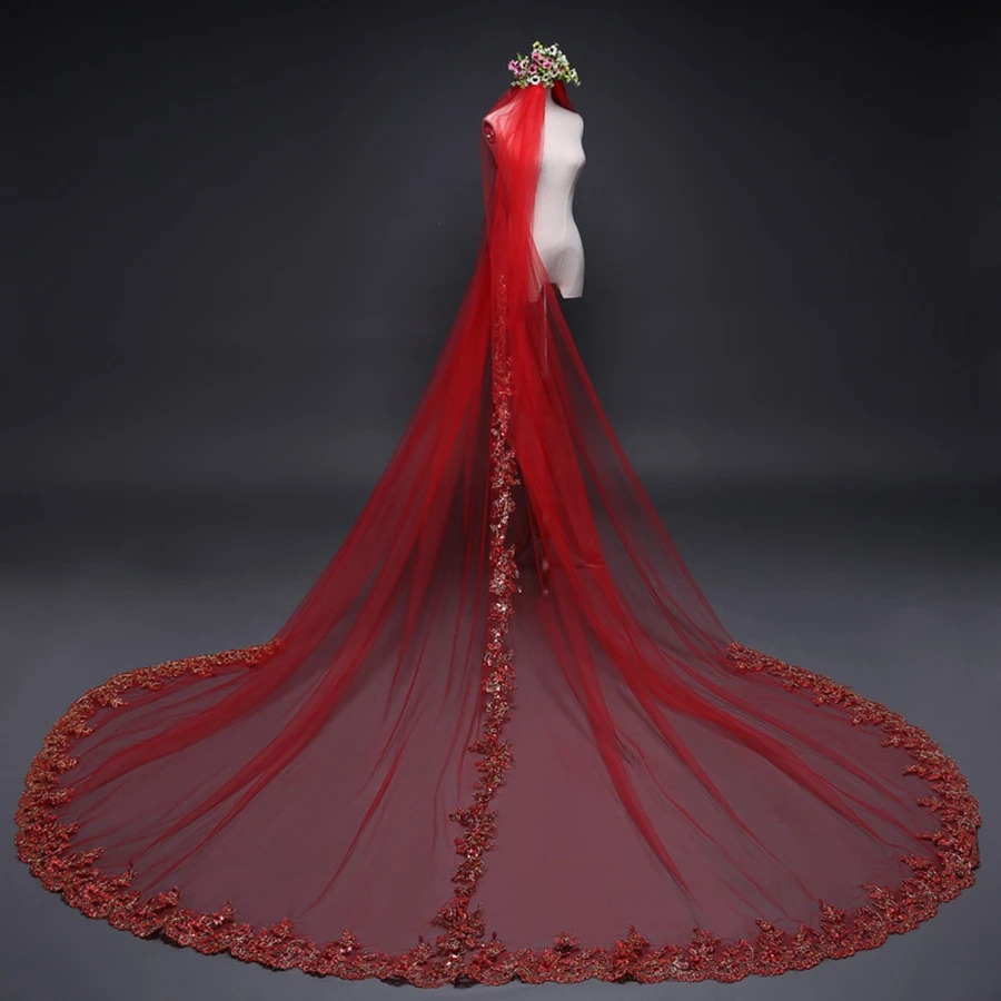 In Stock 3 Meter Cathedral Wedding Veils Long Lace Edge Bridal red veil Wedding Accessories Bride Veu Wedding Veil Velo sposa