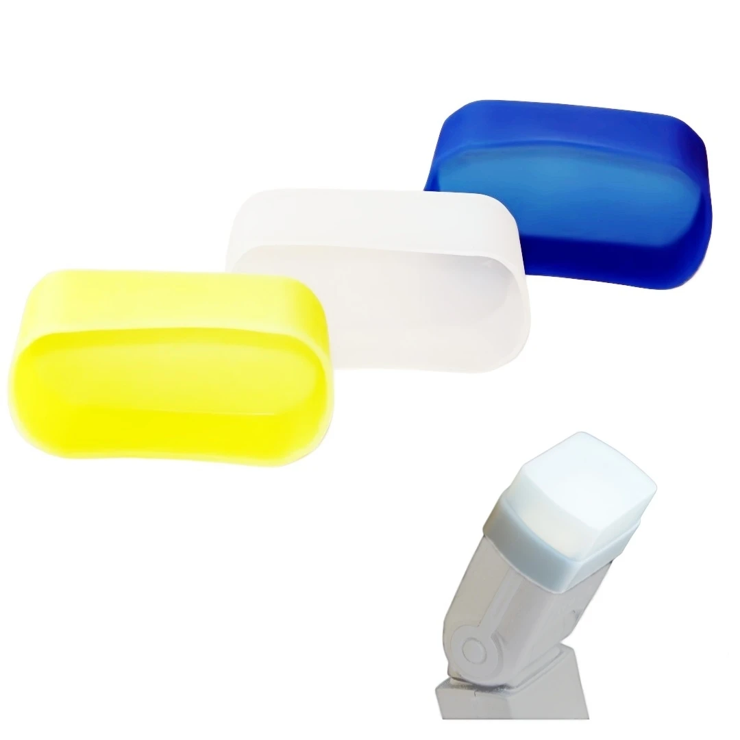 3PC Rubber A1 Flash Soft Light Hood Silicone Flashlight 3 Color Diffuser Soft Box for Canon 600EX YN-600EX Blue White Yellow