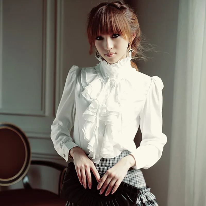 

Elegant French Style 2026 Spring Summer Stand Collar Long Sleeve Shirt Tops For Women Pure Color Ruffles Office Lady's Blouse