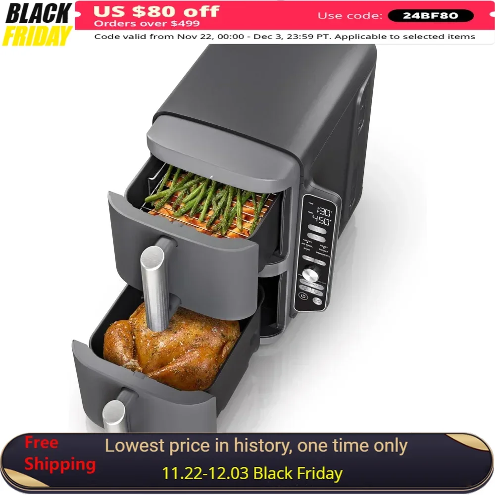 10 QT Air Fryers, 4 Foods At Once Smart Finish & Match Cook, Double Stack 2-Basket Air Fryers