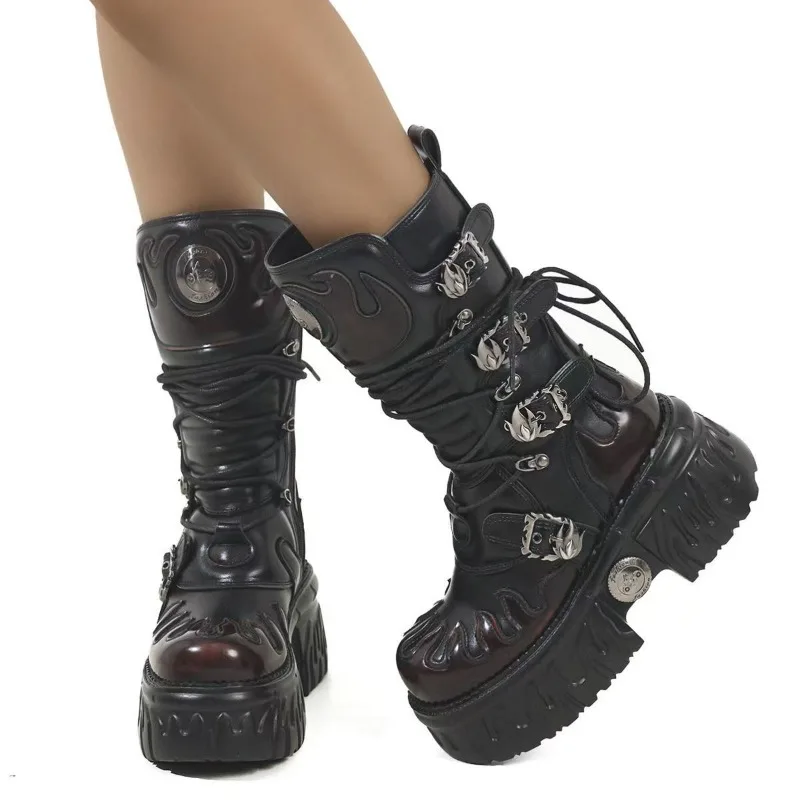 Retro Casual High Boots Unisex Metal Motorcycle Boots Workwear Rock Thick Soled Boots Couple Botas Moto Botas Motociclista