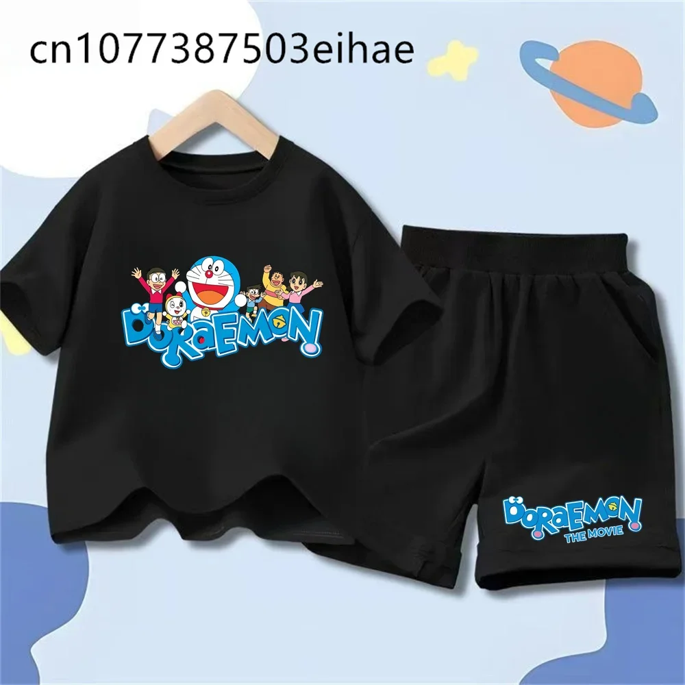 Doraemon Kids Summer Outfit 2-Piece Cute Pattern Short Sleeve Tee Sports Shorts Breathable Daily Play Wear Birthday Present