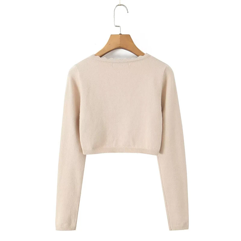 YENKYE 2025 Women Long Sleeve O Neck Wavy Edge Knitted Cardigan Casual Autumn Short Knitwear Tops