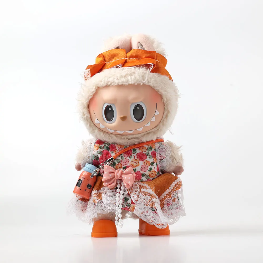 For Labubu Select High-quality Doll Clothes 15-17CM Fashionable Orange Printed Skirt Shoes 4-piece Set Labubu Universal Clothing