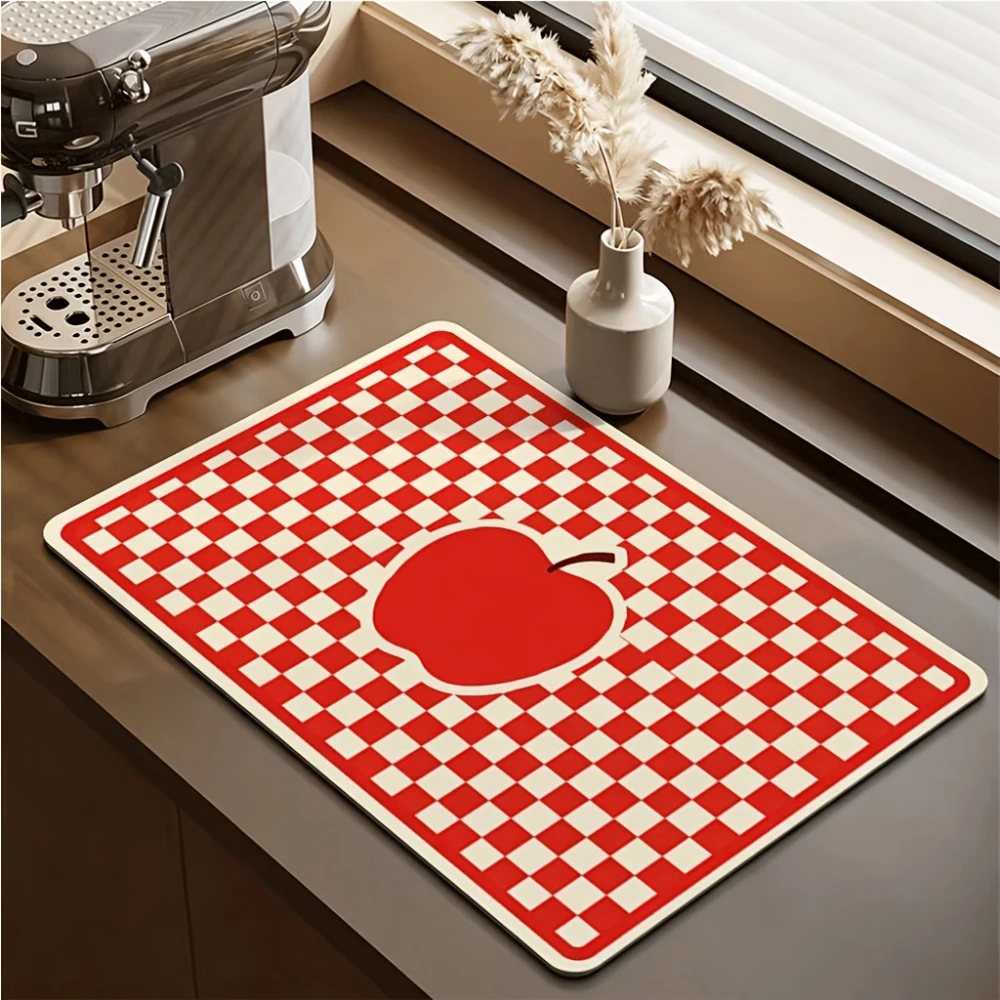Red Checkered Apple Fast Drying Mat Super Absorbent Tableware Countertop Pad Heat Resistant Kitchen Placemat Pad