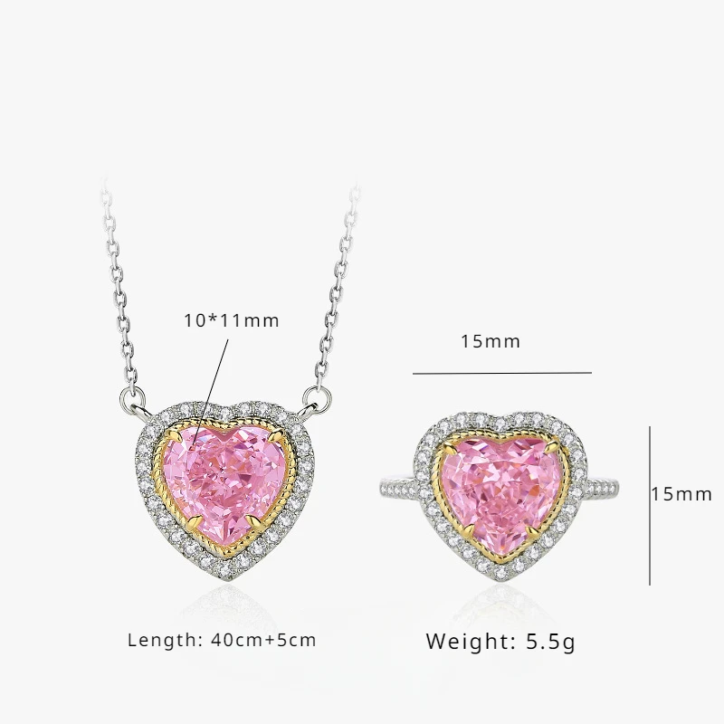 S925 Sterling Silver Necklace Female Heart-shaped Ice Flower Cut Stone Powder Zirconia Collarbone Chain Niche Light Luxury Ring