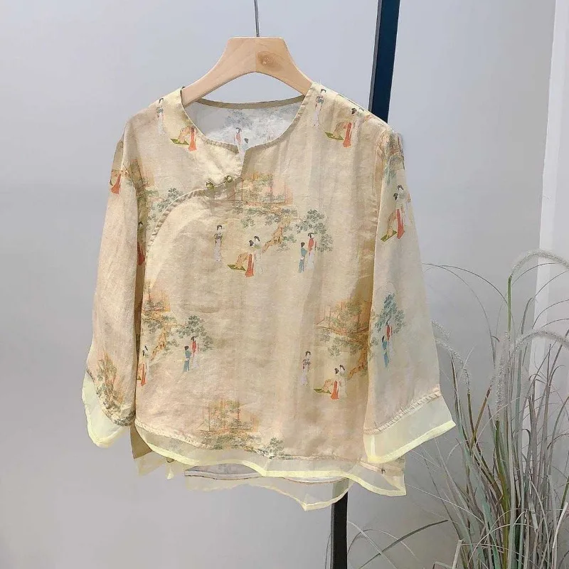 Women's New Chinese Style Ramie Blouse Chinese Traditional Painting Print Asymmetric Button Zen Cotton Linen Hanfu Inspired Tops