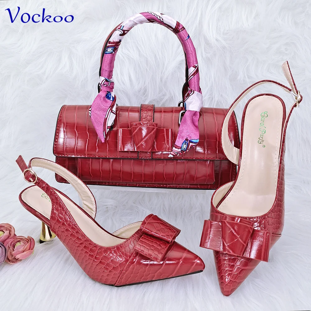 

Comfortable Heels New Arrivals Italian Design Nigerian Women Shoes and Bag Set in Red Color with Appliques for Party