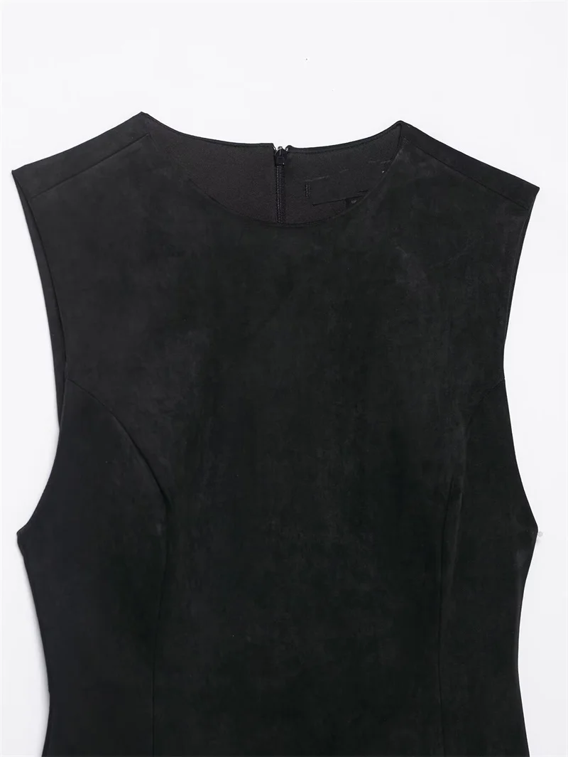 Vestido feminino 2025 outono novo estilo preto sem mangas camurça textura em camadas mini vestido exclusivo moda socialite