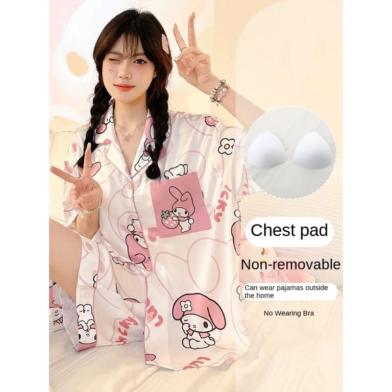 Sanrio Melody Silk Pajamas Women's Summer Ice Silk Short Sleeve Shorts Casual Women's Pajamas Homewear Pajamas Pants Set