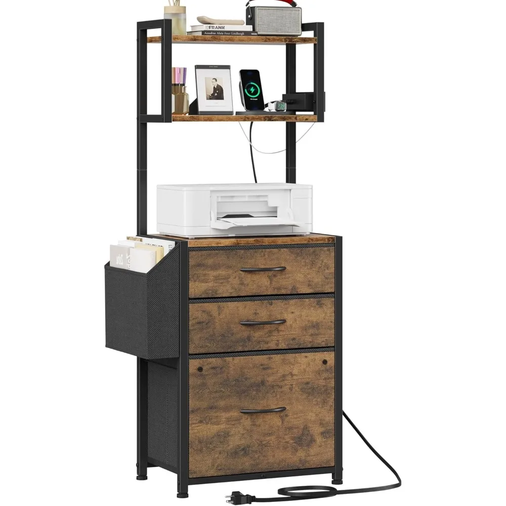

3 Drawer File Cabinet with Charging Station (2AC&2USB), 3-Tier Tall Filing Cabinet for Home Office with Storage Shelf, Printer S