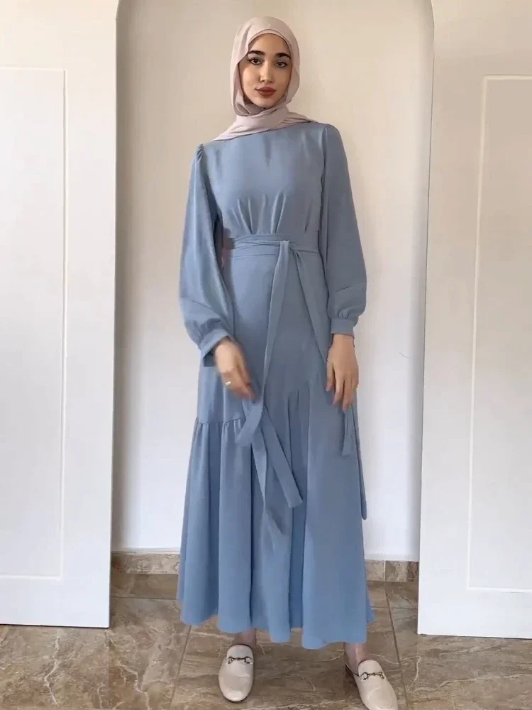 

Women Two-piece Pleated Dress Temperament Elegant Muslim Long-sleeved Round Neck Tie Splicing Hem Slim High Waisted Female Suits