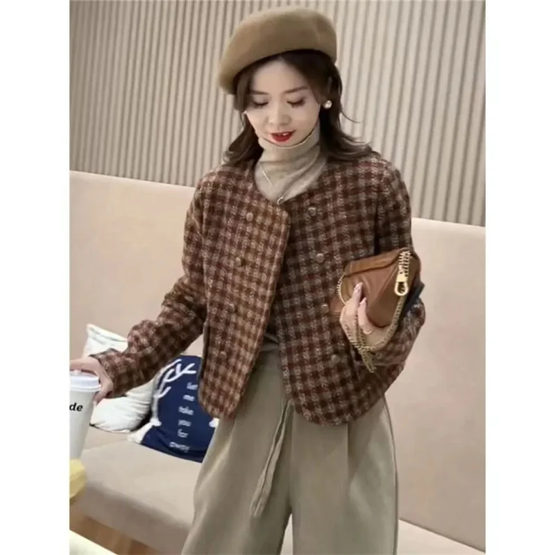 New Autumn/Winter Plus Cotton Small Fragrance Style Short Coat Women Long Sleeve Round Neck Double breasted Korean Versatile Top