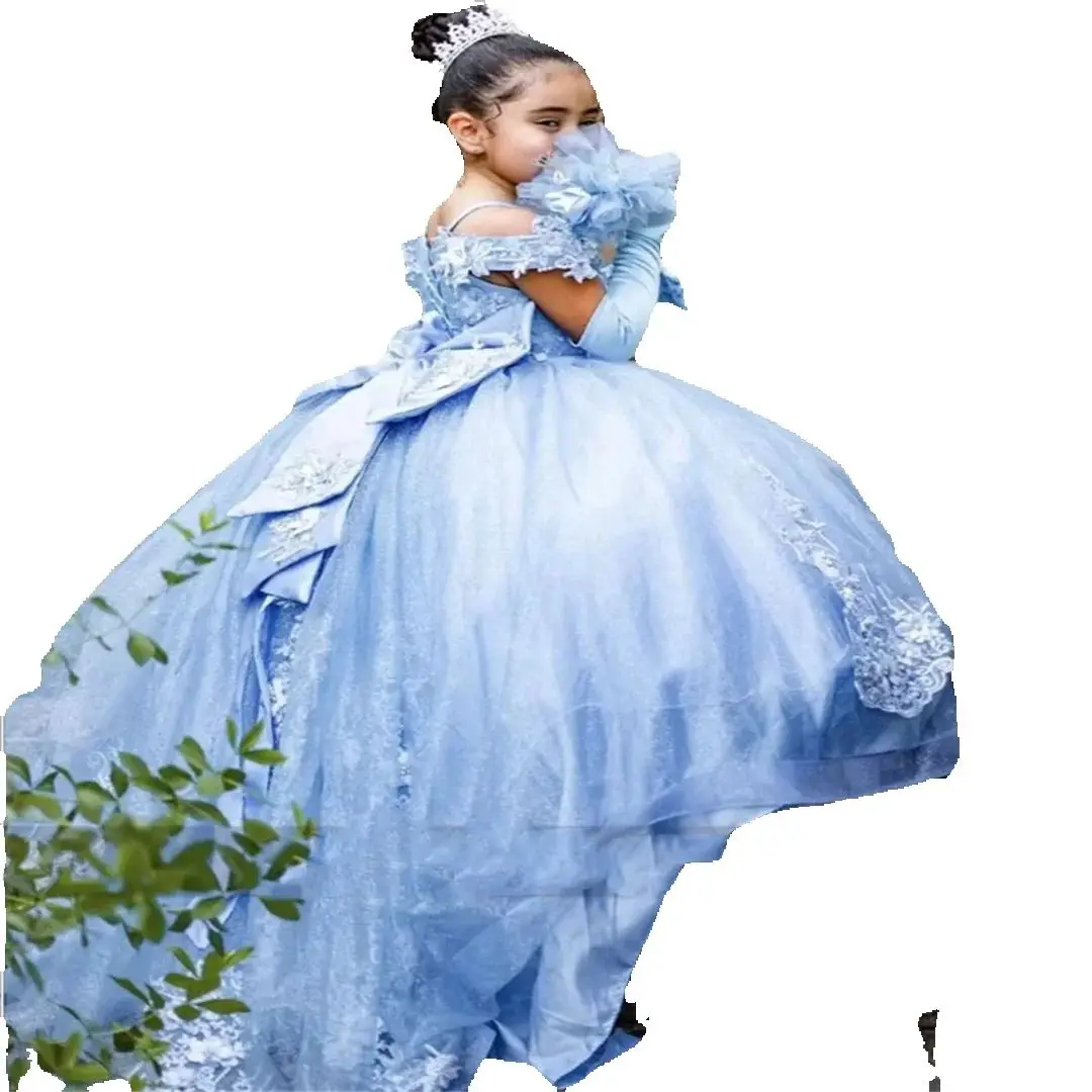 Robes à fleurs personnalisées pour filles, pour mariage, dentelle rose clair, vêtements de cérémonie pour enfants, dos nu, longueur au sol, robe Pegeant pour filles