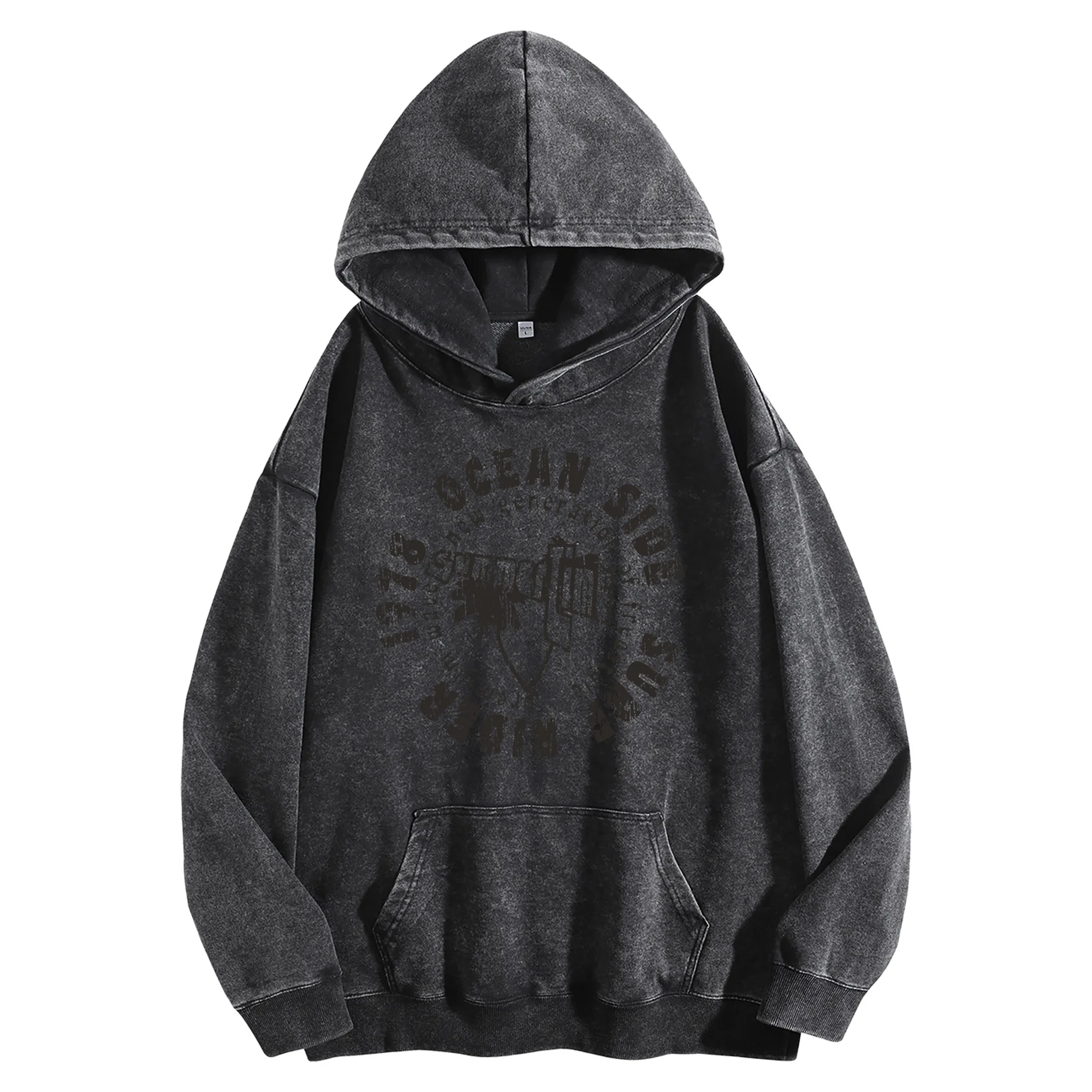 OCEAN SIDE طباعة جرافيك 400G خمر غسلها هوديي للجنسين المتضخم الشارع الشهير البلوز مجموعة الخريف/الشتاء