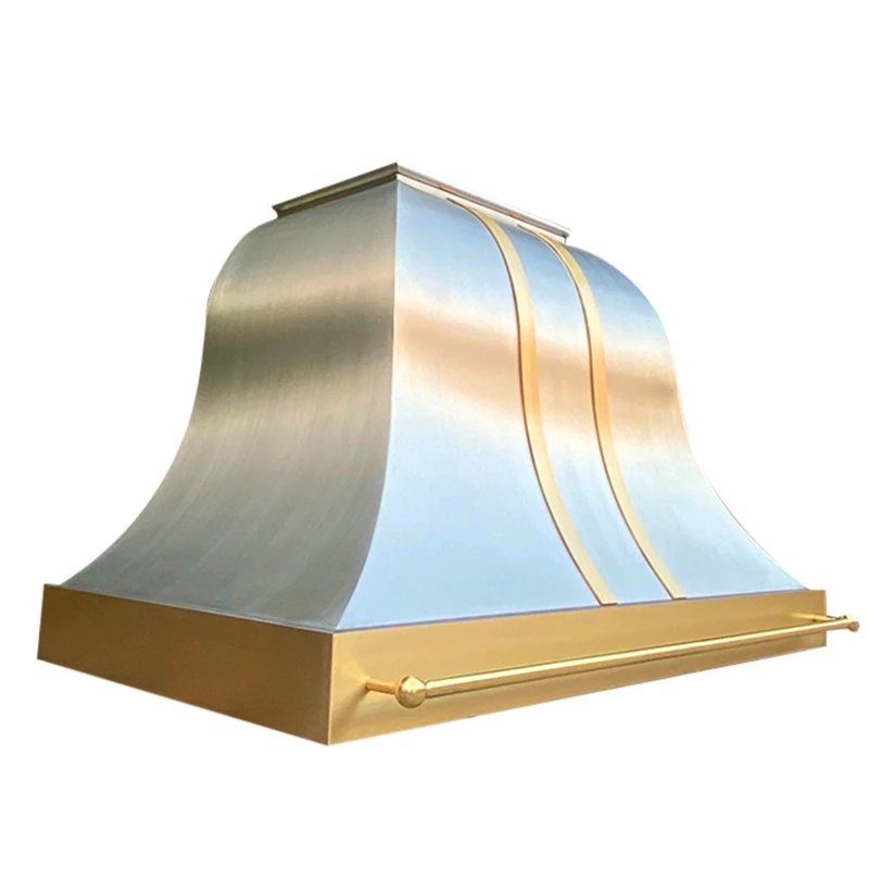 

Modern Design Customized Wall Mounted Hand Made Brushed Stainless Steel Range Hood With Brass Pot Rail Straps for Open Kitchen