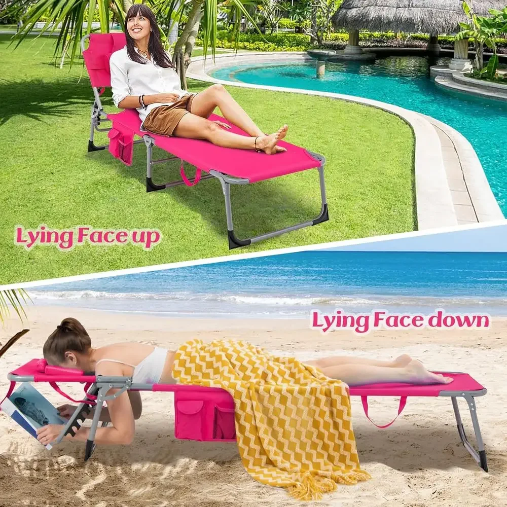 Portable Pink Lightweight Beach Lounge Chair with Armrests and Side Pocket