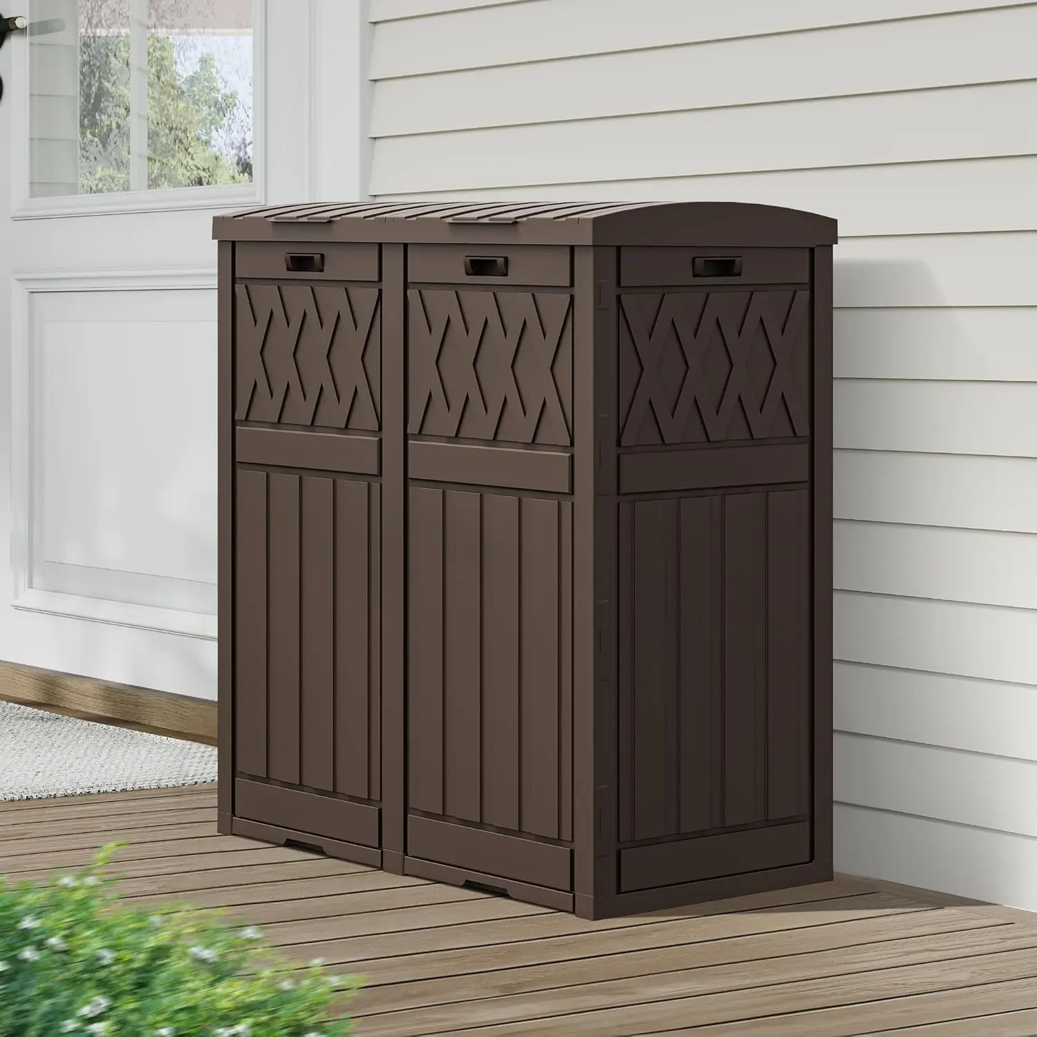 

76 Gallon Double-Bin Outdoor Trash Can, Waterproof Resin with Tiered Lid and Drip Tray for Patio, Kitchen, Deck, Backyard, Brown