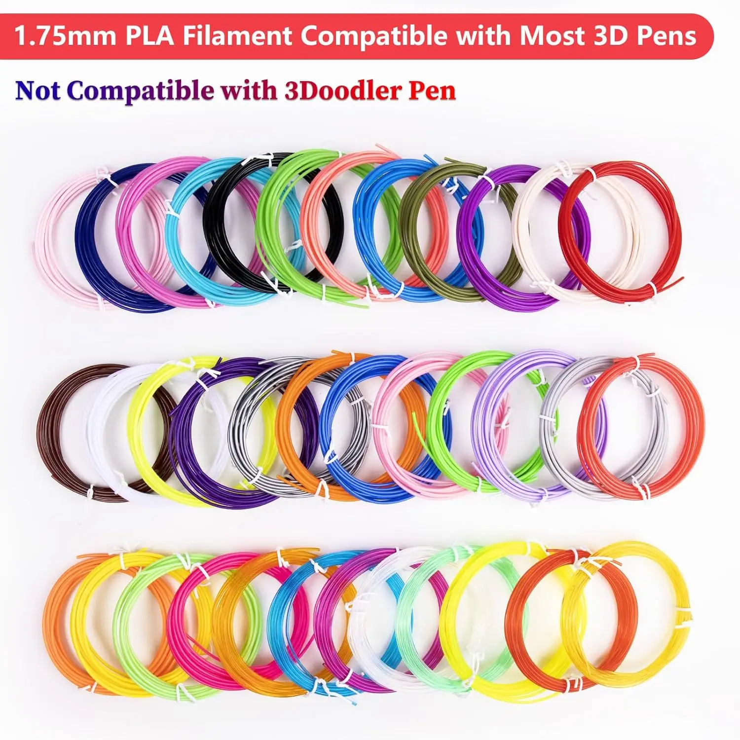 32 Colors 3D Pen Filament 1.75mm PLA, Each Color 10Feet(3m), Total 320 Feet (96m) 3D Pen Filament Refills, Random Color