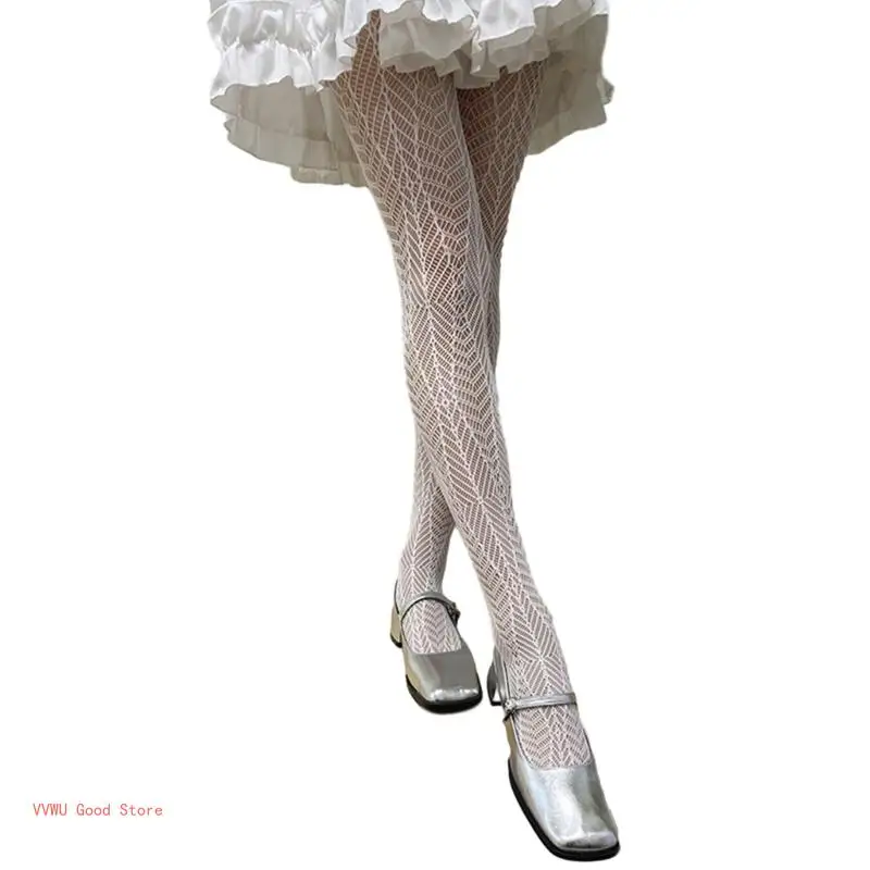 Women Elegant Hollowed Lace Pantyhose Vintage Geometric Texture Fishnet Tights