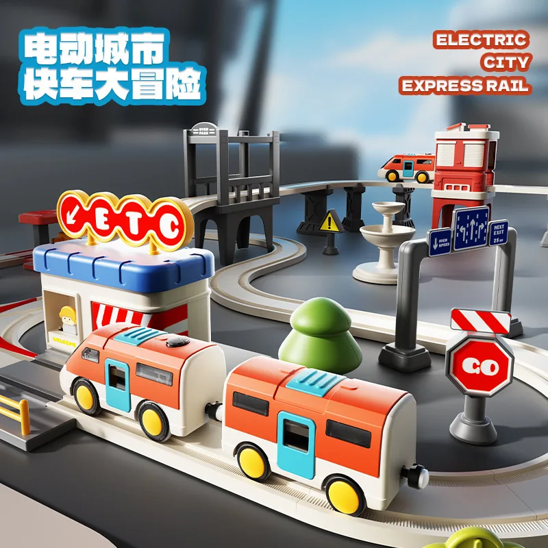 B438 Mini treno elettrico per bambini Pista impiombata Super grande Megacità/Foresta Overpass Car Adventure Puzzle Toy Box Confezionato