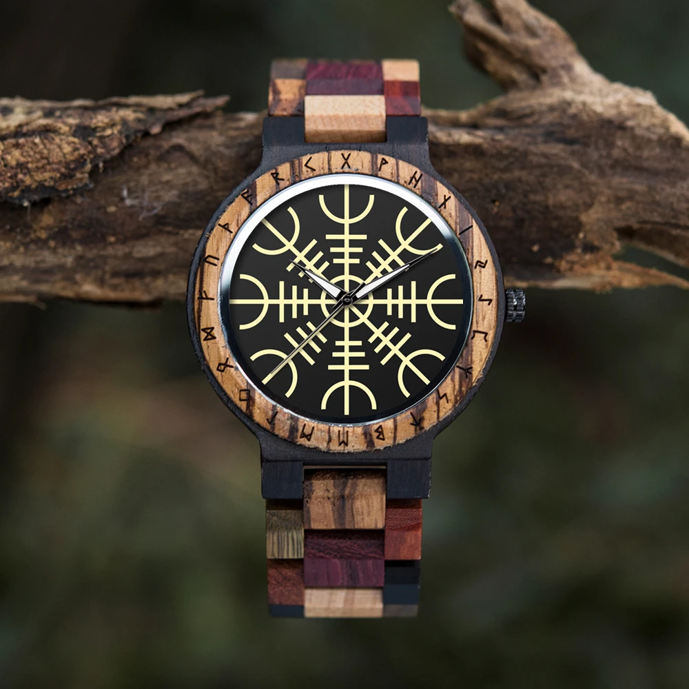 BOBO BIRD Men Wood Watches Personalized Viking Compass vegvisir Handmade Wooden Wristwatch Customized Viking Symbols Watch