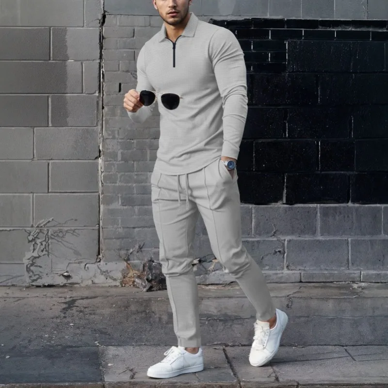 Men Waffle Knit Tracksuit Quarter Zip Lapel Polo Top Pants 2 Piece Casual Outfit Set