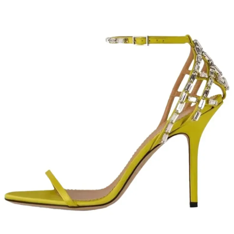 

Pointed Open Toe Strappy Rhinestone Sandals Yellow Satin Stiletto High Heels Customized Large Size Women Shoes Sandalias Mujer