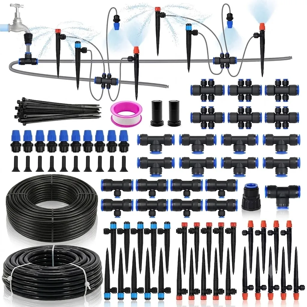 Automatic 230FT Garden Sprinkler System for Raised Beds Greenhouse Lawn Irrigation Kit with 1/2 and 1/4 Inch Tubing Included