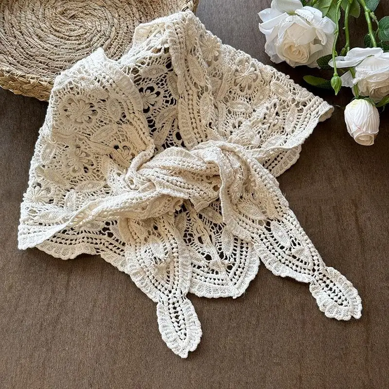 

Boho Handmade Crochet Hollow Scarf For Women Triangle Headscarf Summer Lace Floral Neckerchief Travel Literary Photo Headband