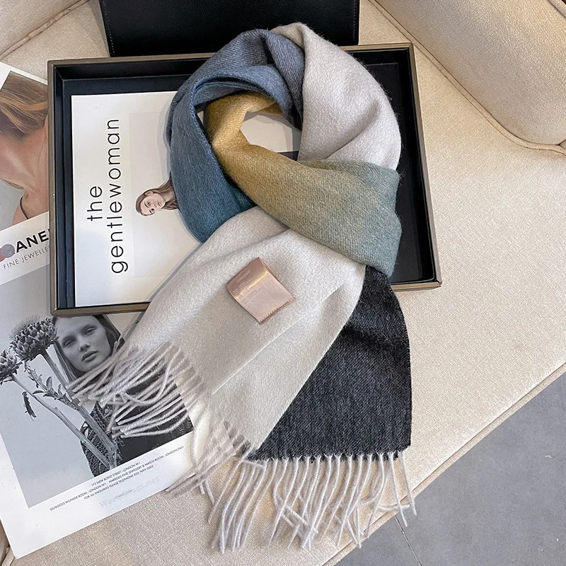 

100% Wool Winter Scarf For Women Long Warm gradient Scarves Hijab Solid Lady Shawl Wrap Female Pashmina Bandana Head Scarfs New