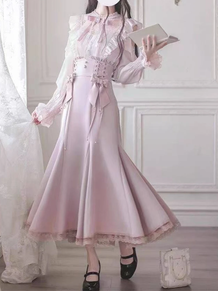 2026 여성 일본 카와이 2피스 세트 얇은 치마 정장 겨울 달콤한 리본 슬림 탑스 패션 뉴 빈티지 크리스마스 숏 아웃핏