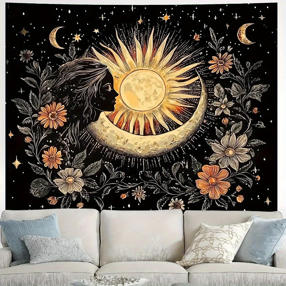 

1pc Horizontal peach skin tapestry, home decor, 2D flat tapestry, wall decor, room decor, bohemian style sun and moon tapestry
