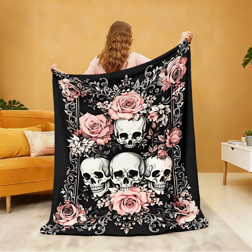 1pc retro skull pink rose pattern flannel blanket, suitable for leisure sofas and napping during breaks
