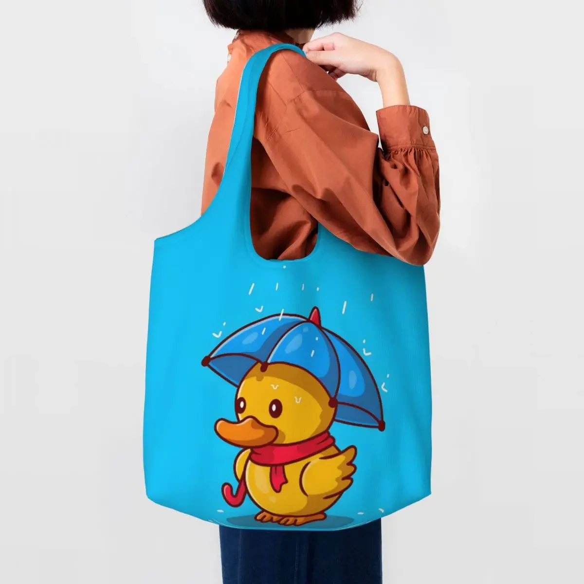 Custom Duck With Umbrella In The Rain Cartoon Groceries Shopping Bag Canvas Shopper Shoulder Tote Bags Capacity Portable Handbag