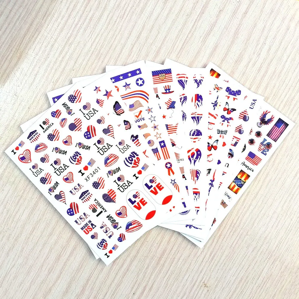 8 قطعة/المجموعة يوم الاستقلال مسمار الفن ملصقات ثلاثية الأبعاد نجوم الحب الشفاه لهب الولايات المتحدة الأمريكية العلم مسمار الشارات DIY بها بنفسك الوطنية الأمريكية مسمار ديكور